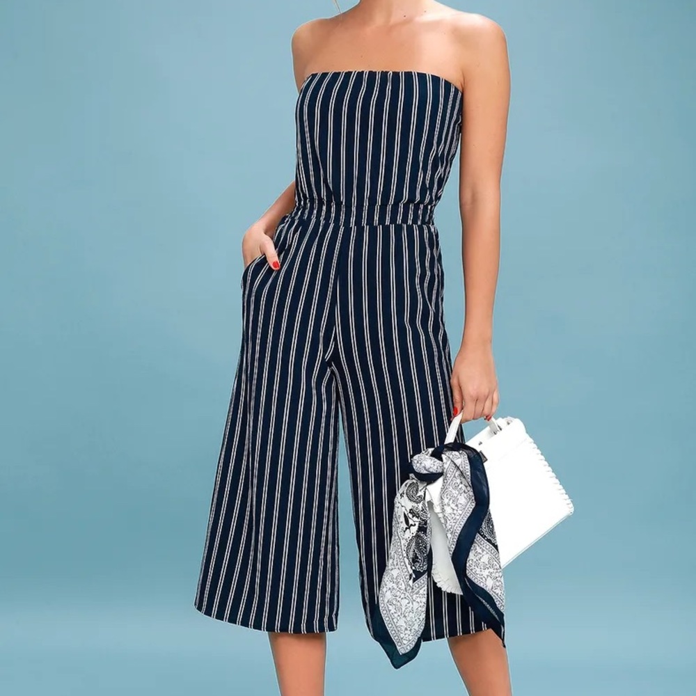 Lulu’s “Saltwater and Sun Navy Blue Striped Strapless Midi Jumpsuit”